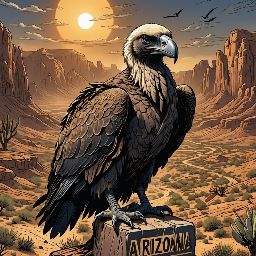 Vulture Perched on Arizona Sign in Comic Book Art