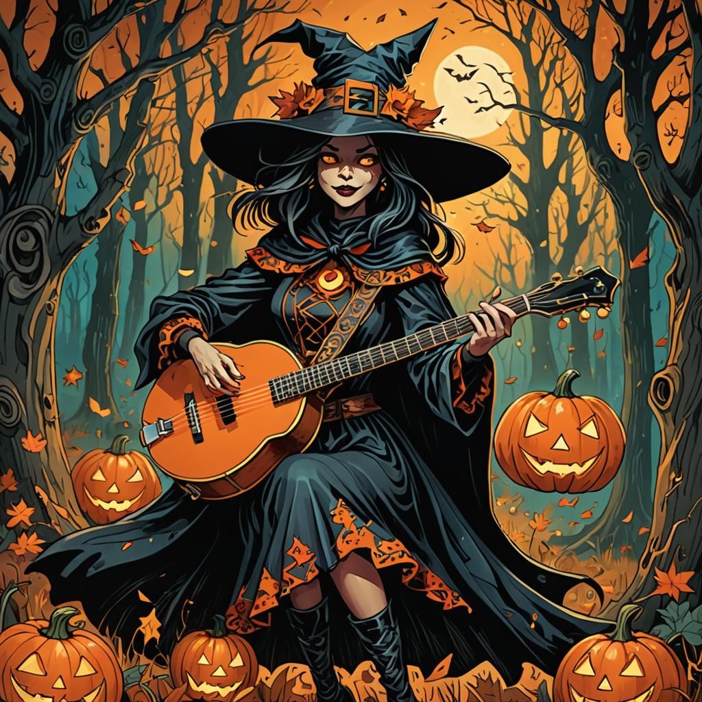 Halloween Witch Banjo Player in Comic Book Style
