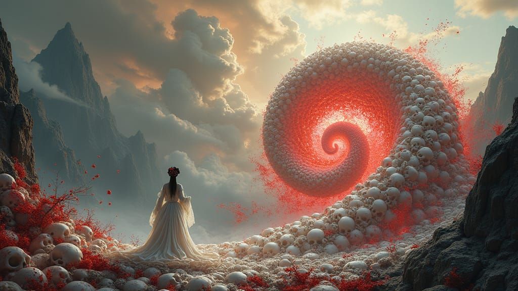 Surreal Fractal Landscape with Geisha and Skull Spiral