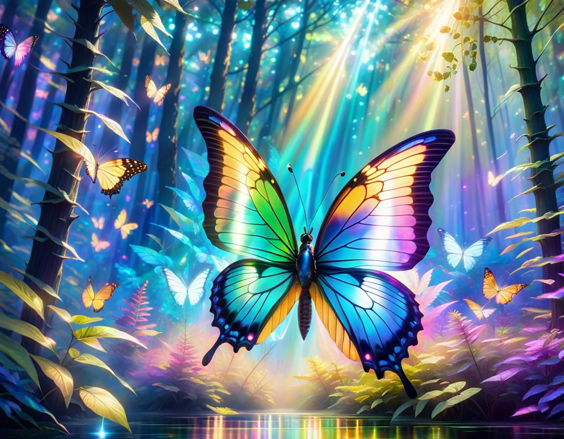 Glowing Iridescent Butterfly in Fantasy Forest: Digital Aero...