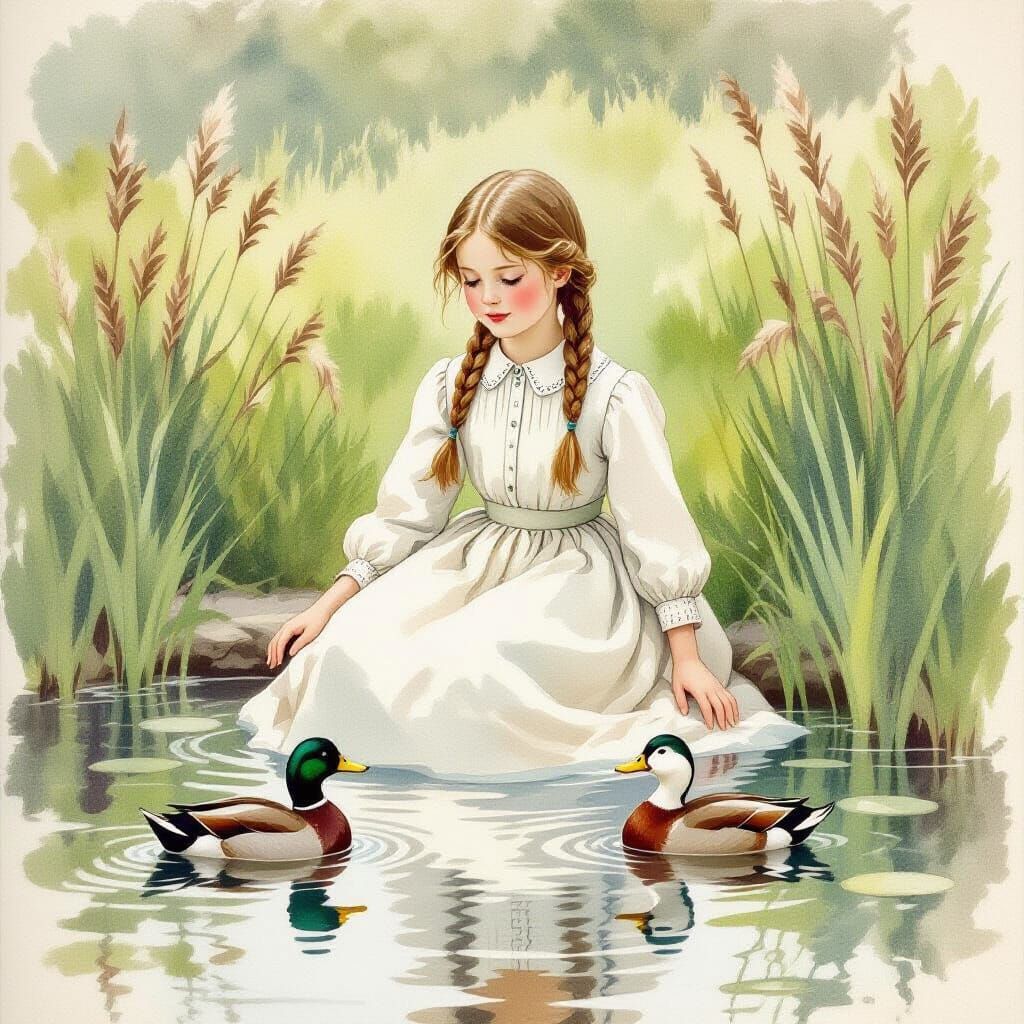 Duck Pond Scene in Watercolor Style