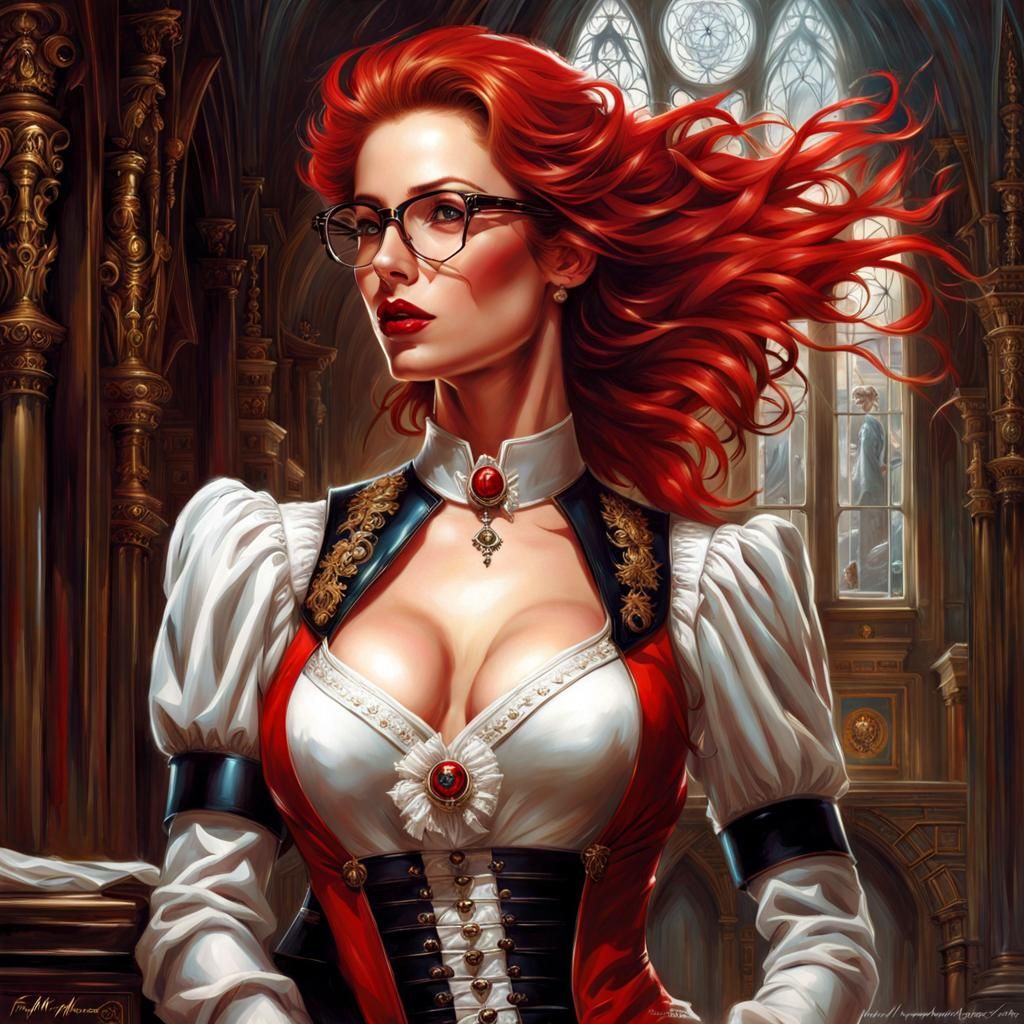Gothic Red-Haired Woman in Office, Fantasy Art