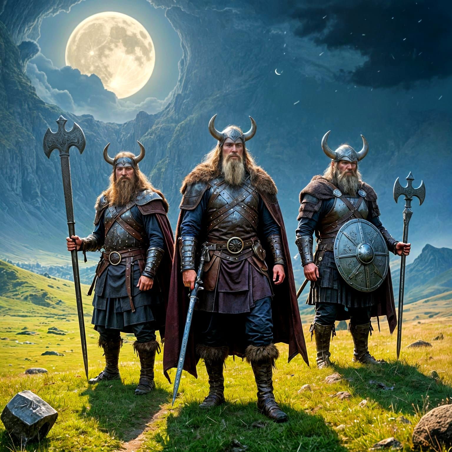 Fearsome Viking Warriors Under Full Moon