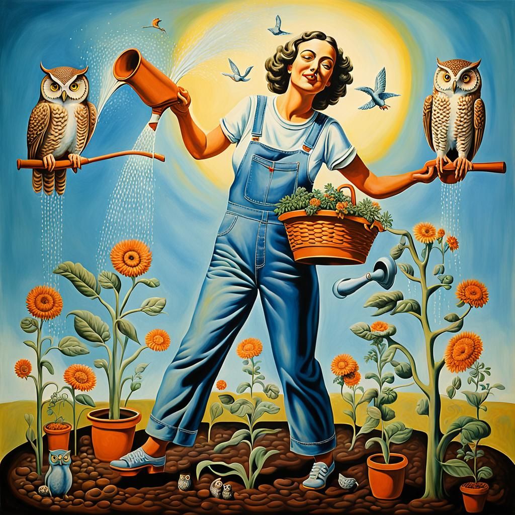 Surrealist Woman Gardening with Owls