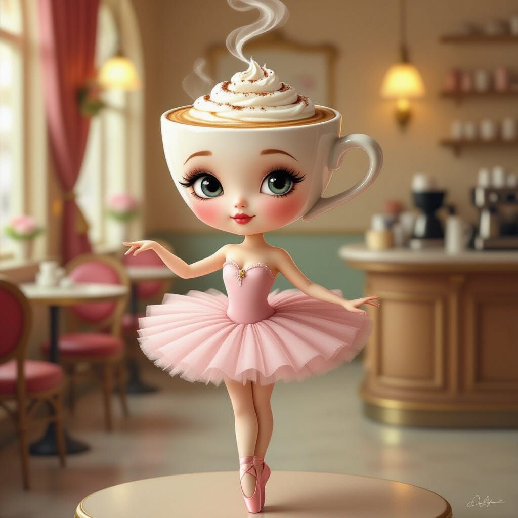 Ballerina with Cappuccino Head in Dreamlike Cafe