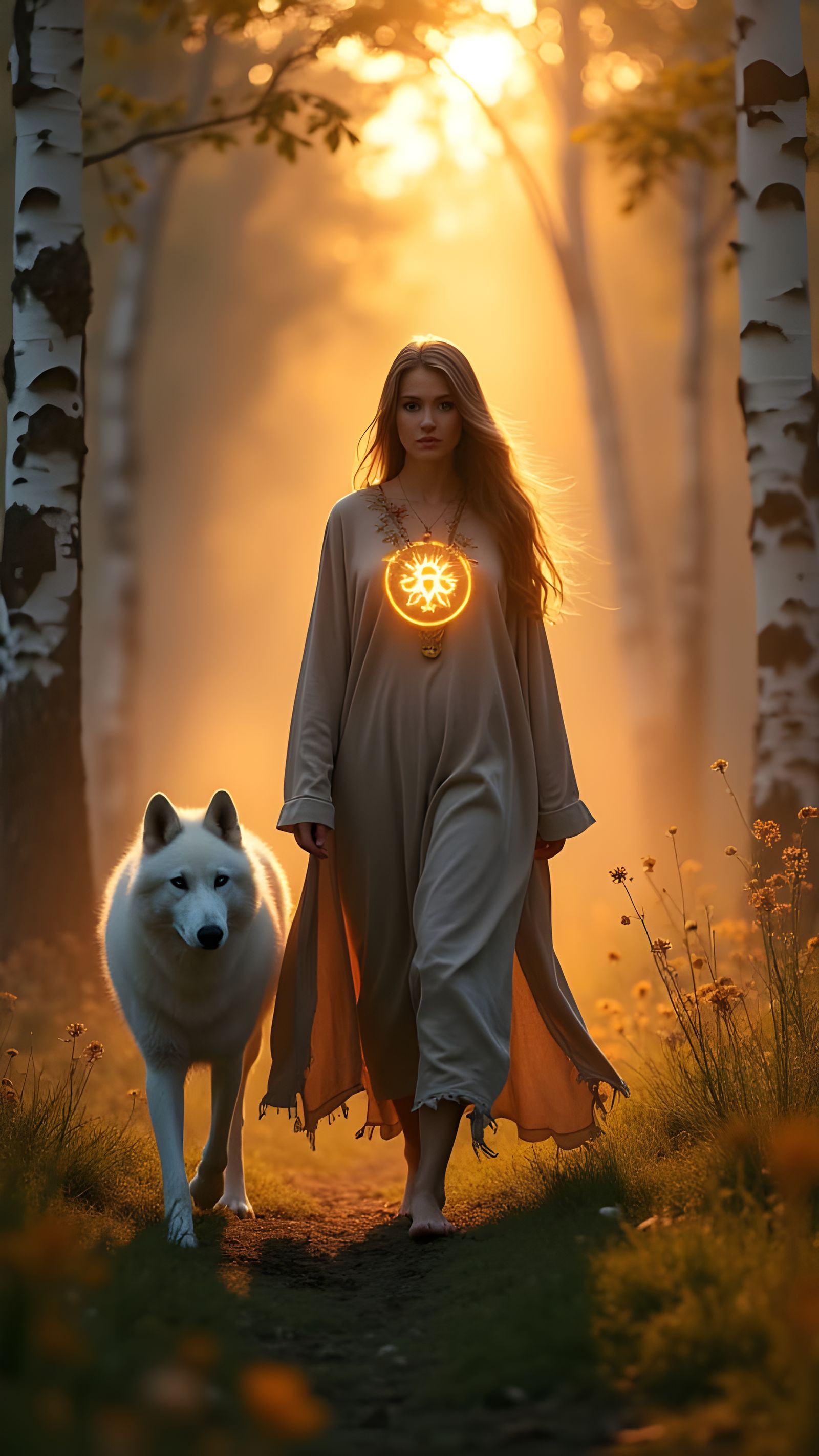 Mystical Norse Woman in Birch Forest at Dawn