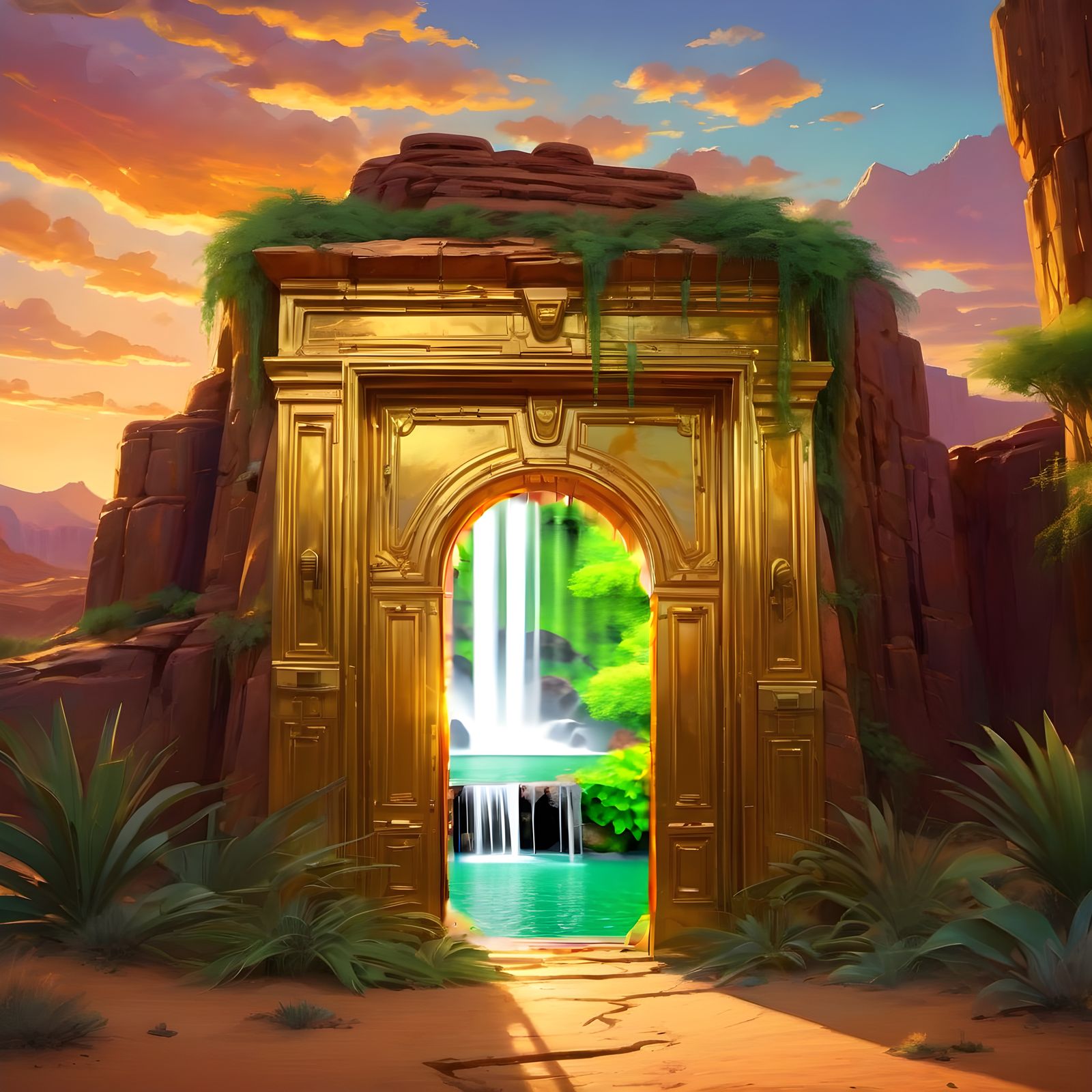 Glowing Door to Oasis in Desert Landscape