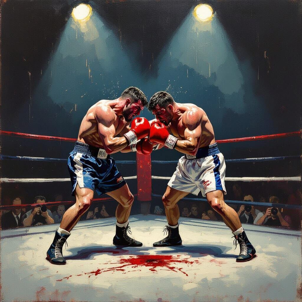 Exhausted Boxers Clinched in Brutal Fight