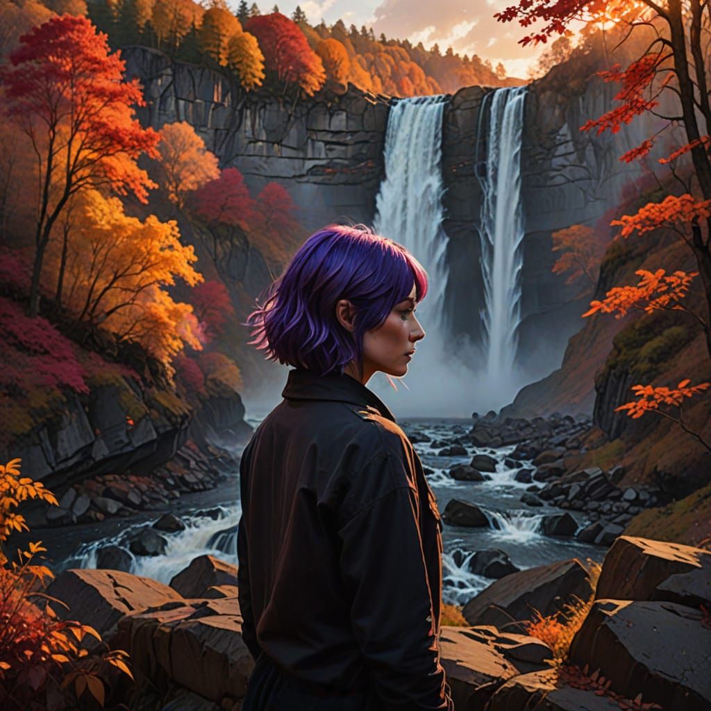 Woman with Purple Hair Overlooks Autumn Waterfall