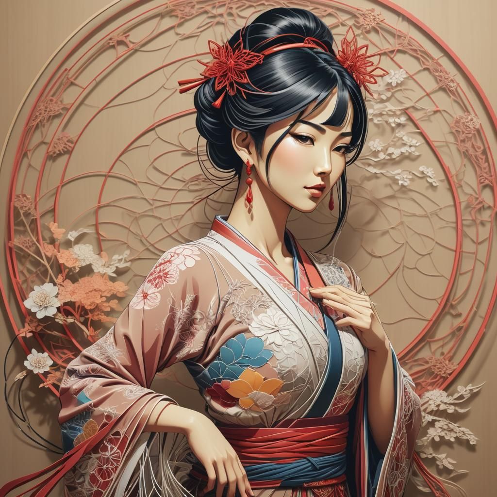 Elegant String Art Oriental Woman in Anime Style
