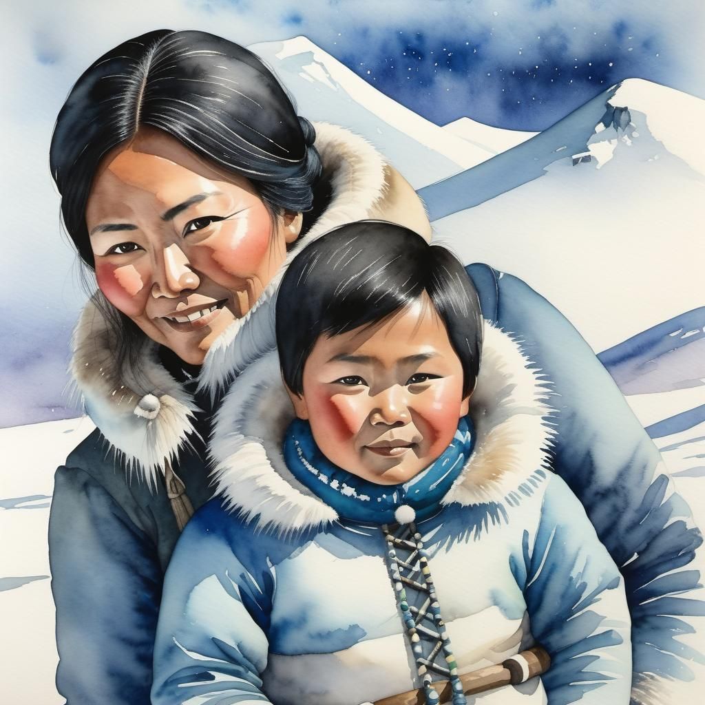 Inuit Mother and Boy in Sled, Watercolour