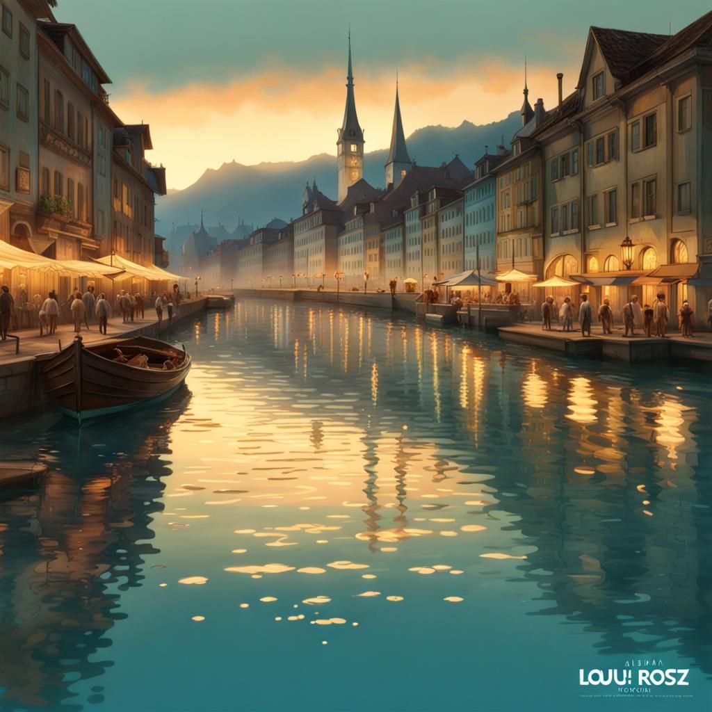 Twilight Lucerne Painting Reflecting Lights on Water
