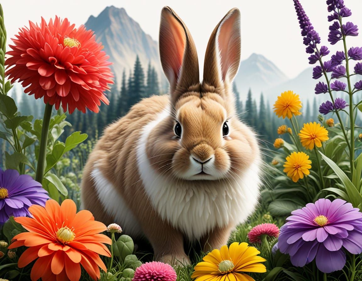 Bunny and Flower in Botanical Illustration