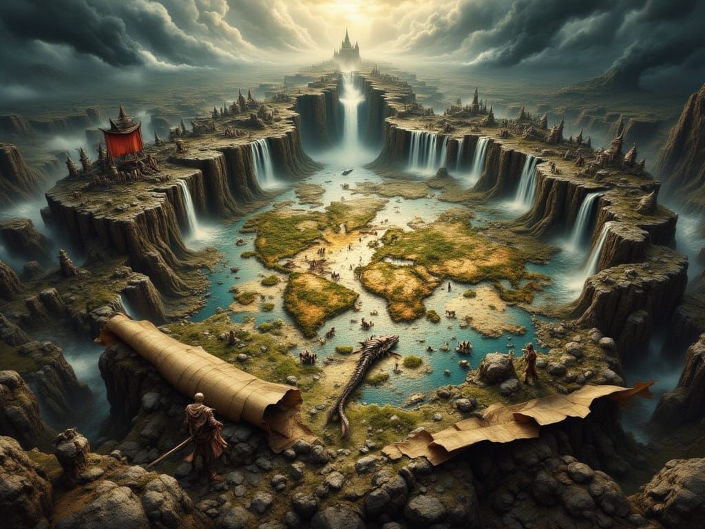 Ancient Flat World Map with Dragons at Waterfall's Edge