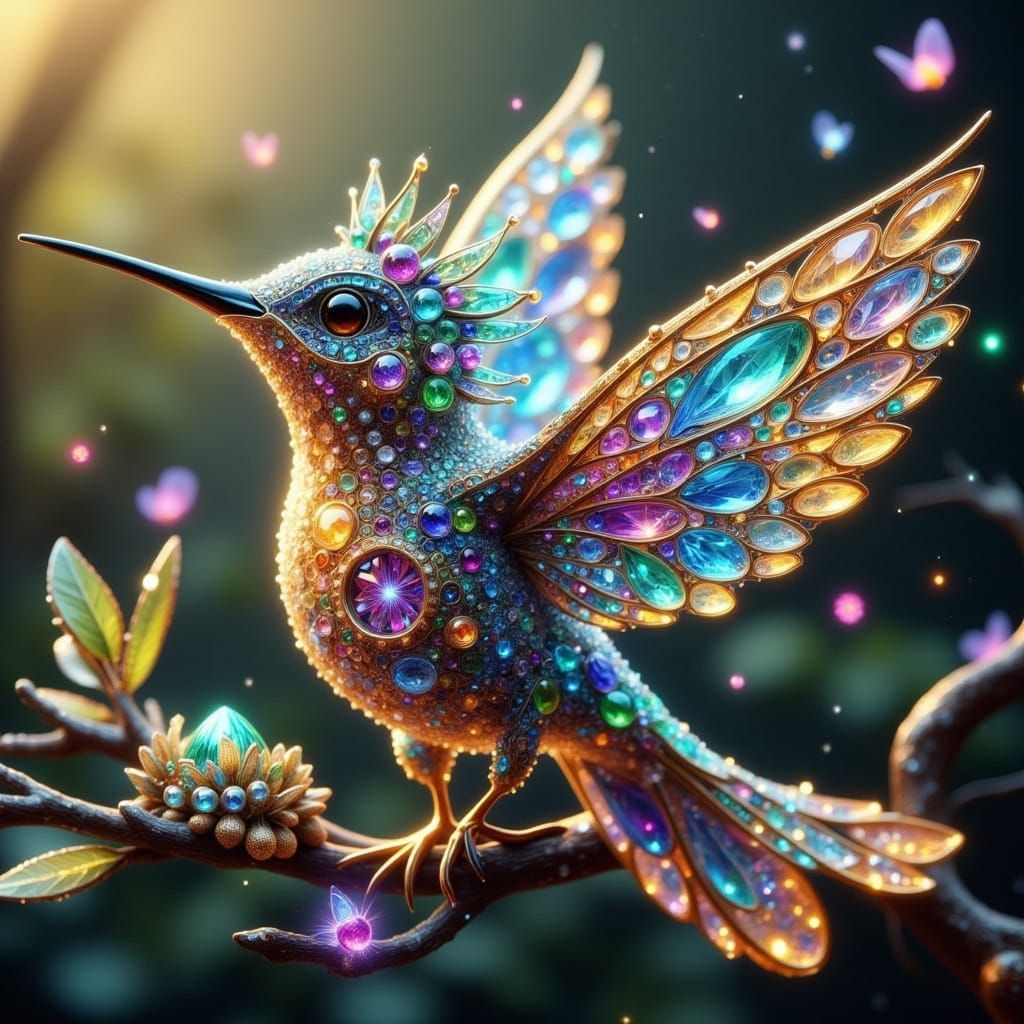 Hyperrealistic Anime-Style Hummingbird with Iridescent Beads...