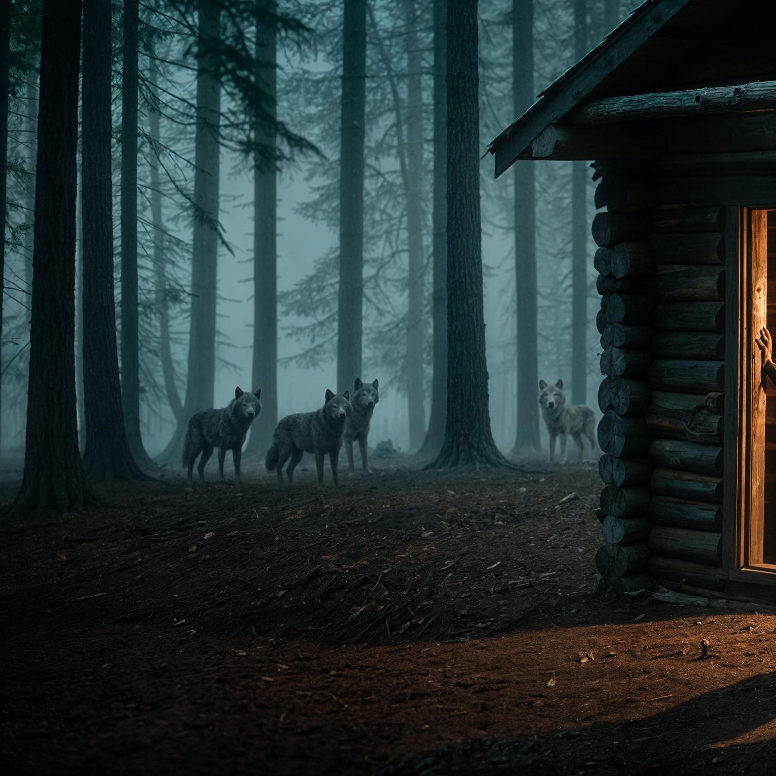 Wolves at the Cabin Window: Cinematic Film Still