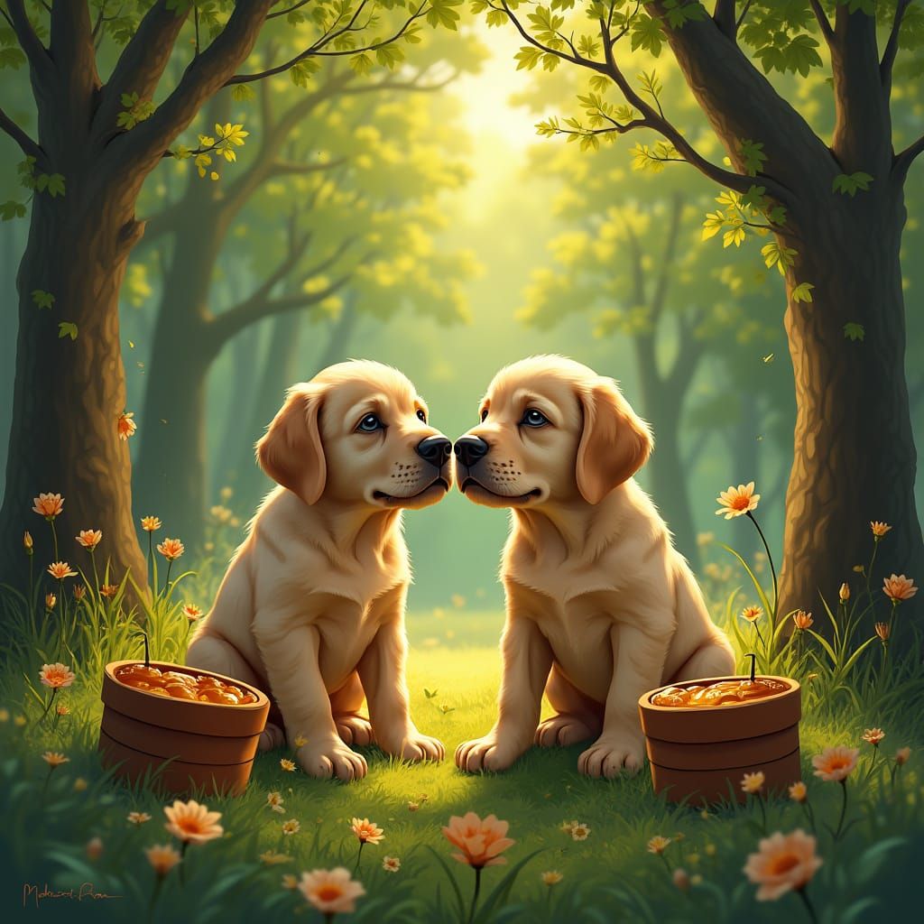 Labrador Puppies and Honeypots in Hyperrealistic Forest