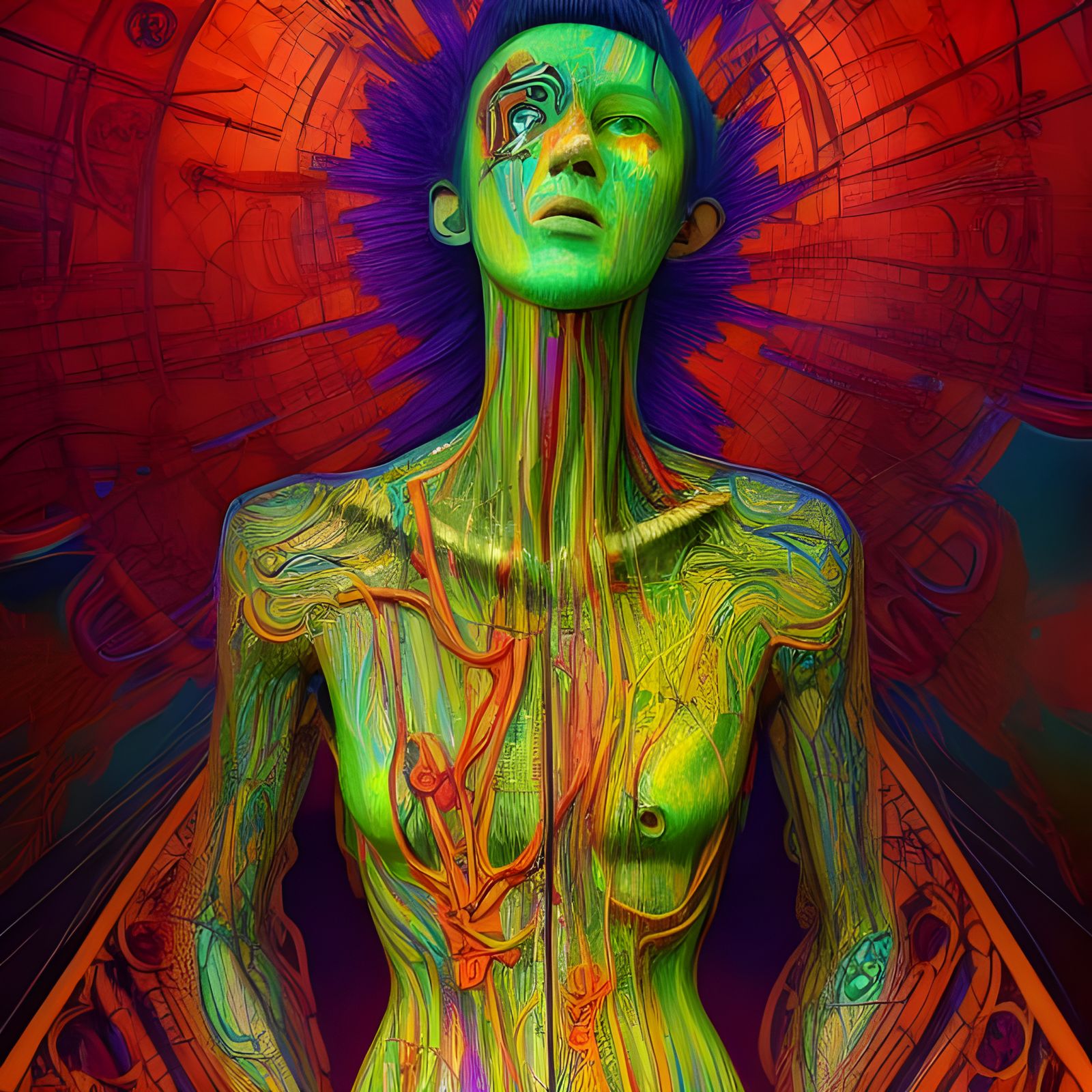 Psychedelic Cyberpunk Mannequin with Maniacal Face