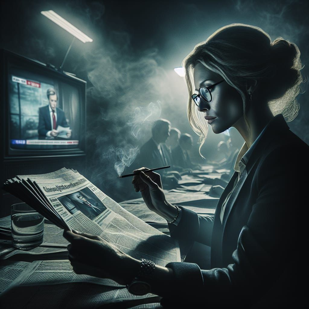 Hyperrealistic Image of Woman Watching TV News