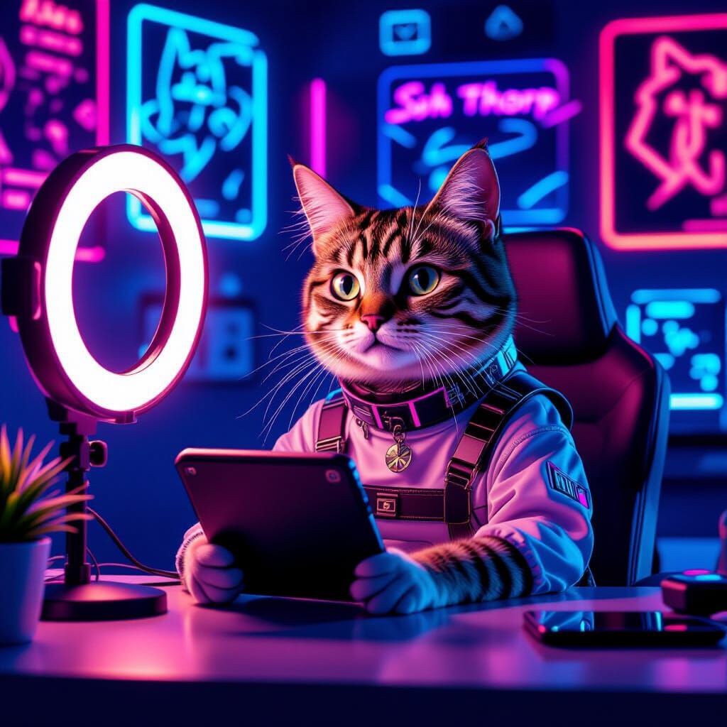 Tabby Cat YouTuber Recording Video in Neon Cyberpunk Office