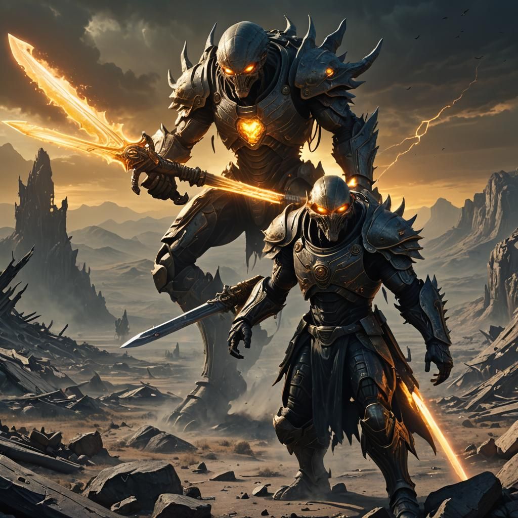 Alien Warrior with Sword and Shotgun in Dark Fantasy