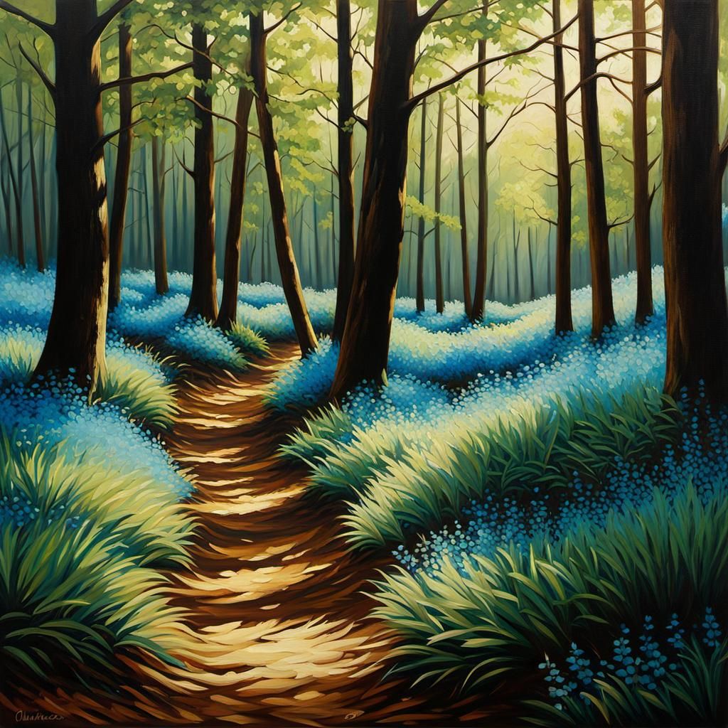 Blue Almond Shines in Forest Oil Painting