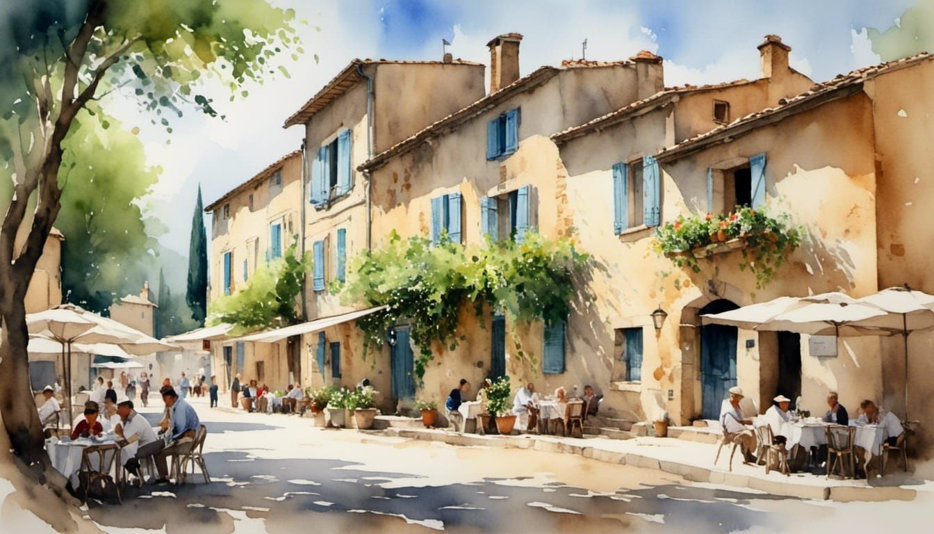 Provence Village Square in Serene Watercolor