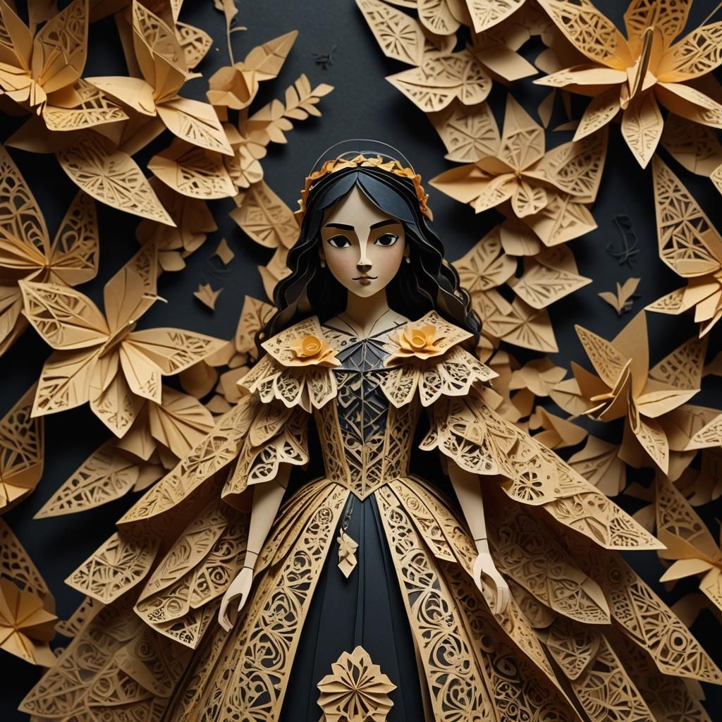 Spanish Gothic Origami Girl in Papercraft Style