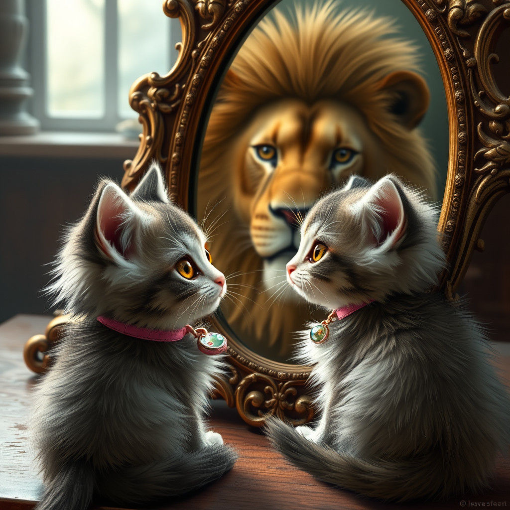 Kitten's Reflection: A Lion's Dream in Magic Realism