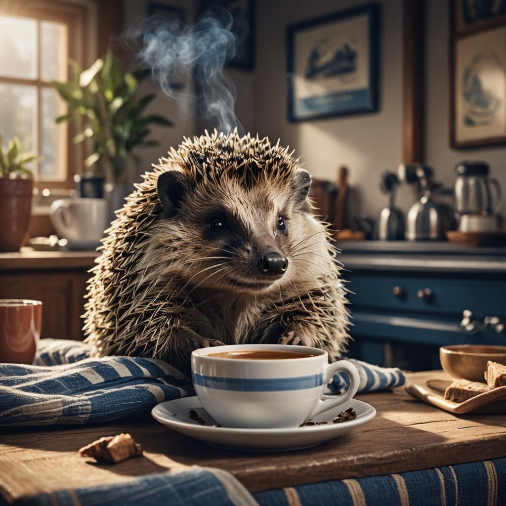 Cozy Hedgehog Portrait Sipping Morning Coffee