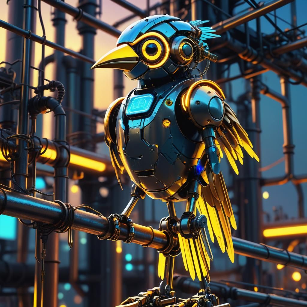 Robotic Canary Concept Art in Neon Colors
