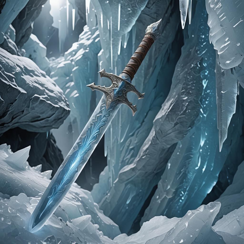 Icy Warrior Wields Legendary Sword in Snowy Cave