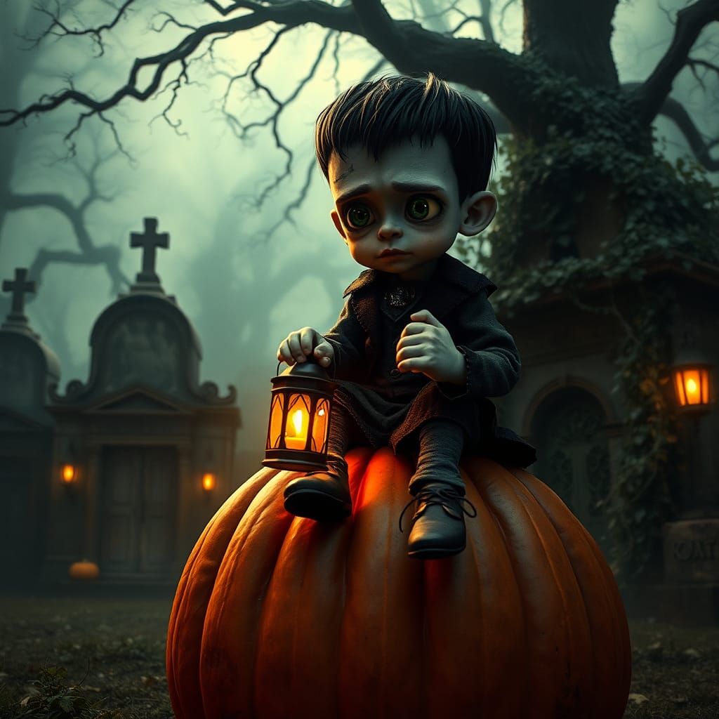 Gothic Frankenstein Boy on Pumpkin, Cinematic Illustration
