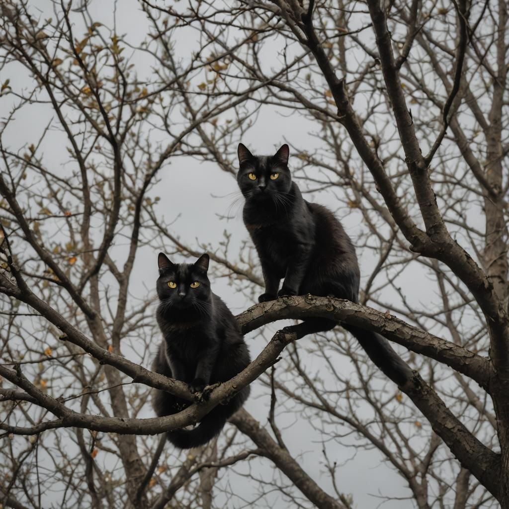 Black Cat in Tree on Cloudy Afternoon