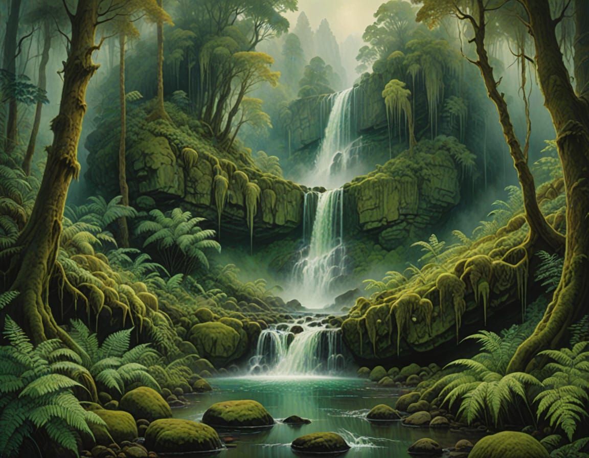 Dreamy Waterfall Landscape in Lush, Green Surroundings