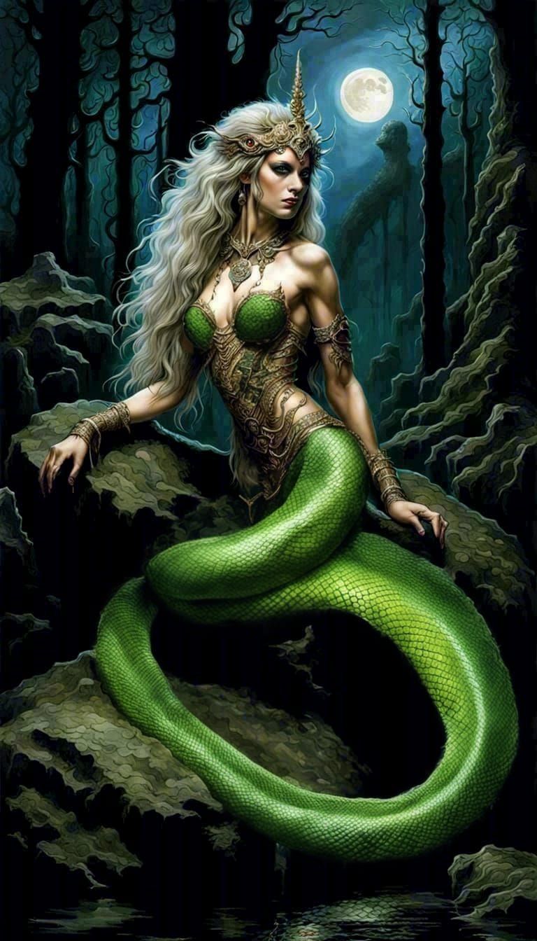 Fierce Naga Coiled in Moonlit Forest