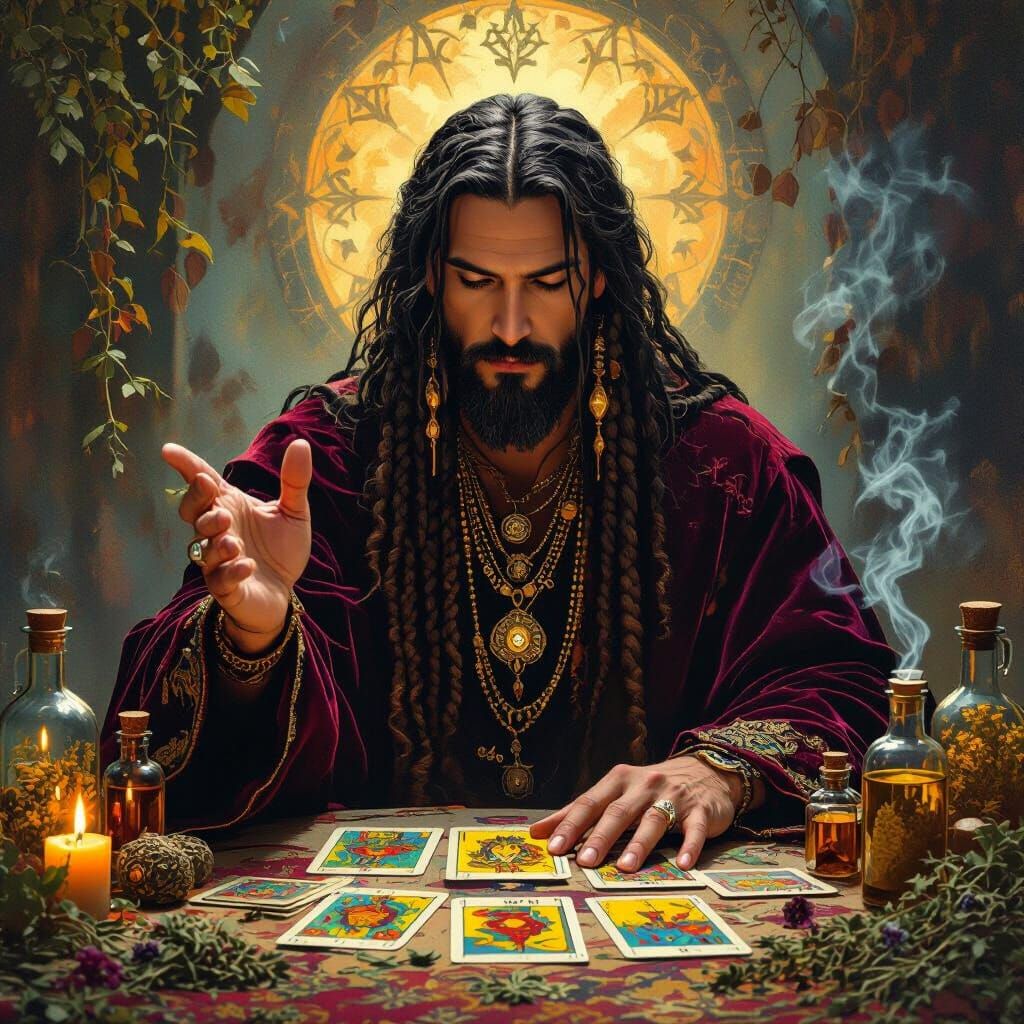 Mystical Tarot Reader with Herbs and Candles in Surreal Styl...