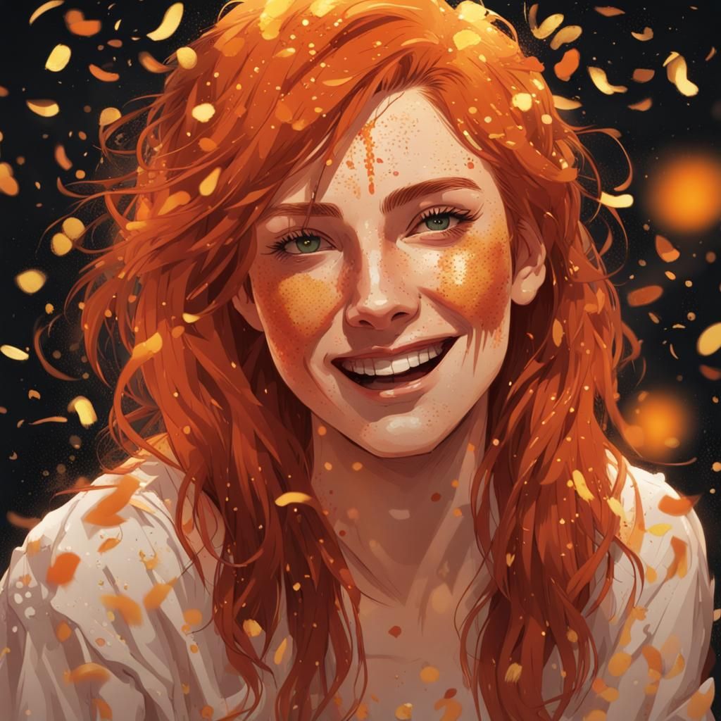 Red-Haired Woman Celebrates Amidst Demons