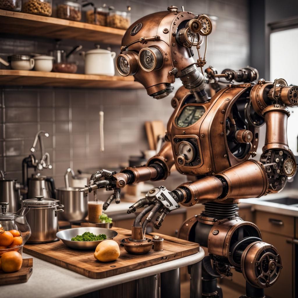 Steampunk Robot Cooking in Kitchen