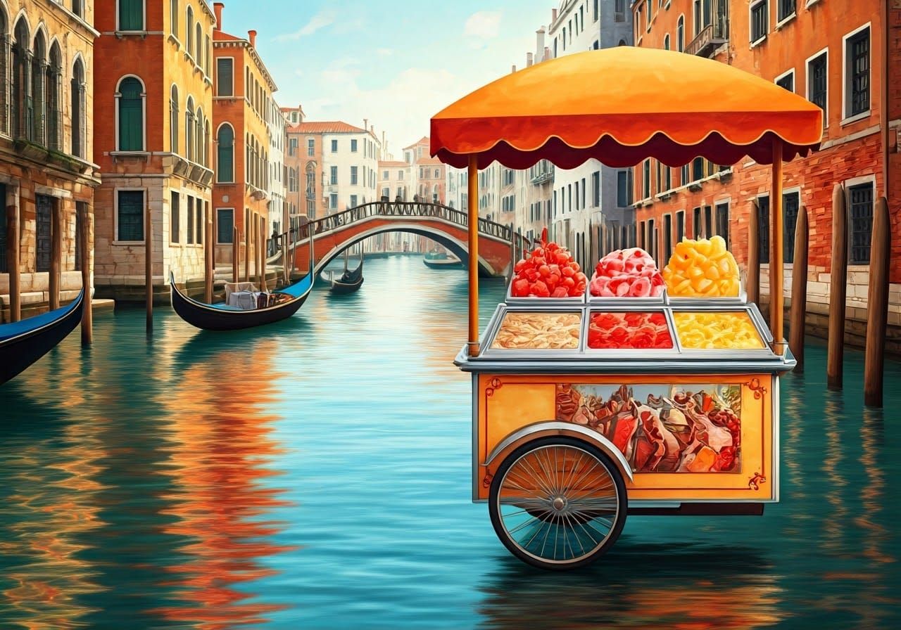Gelato Cart Floats Through Venice in Watercolor Style