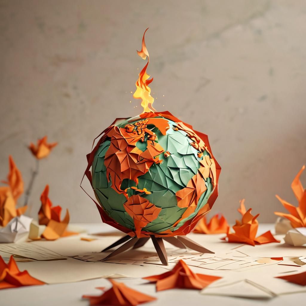 Earth on Fire in Origami Papercraft Style