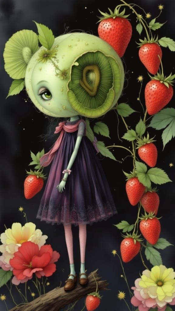 Kiwi Doll in Meadow, Pop Surreal Folk Art