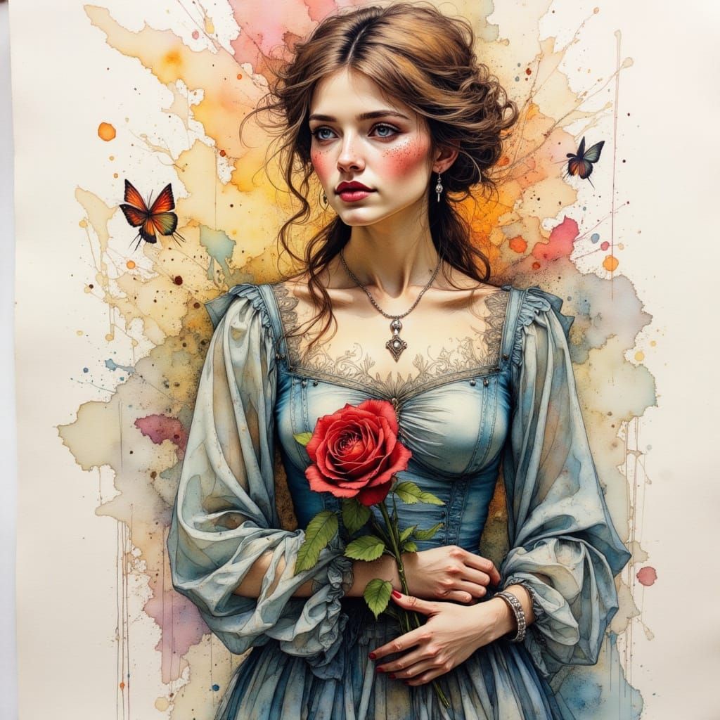 Belle with Rose: Pen and Ink Masterpiece