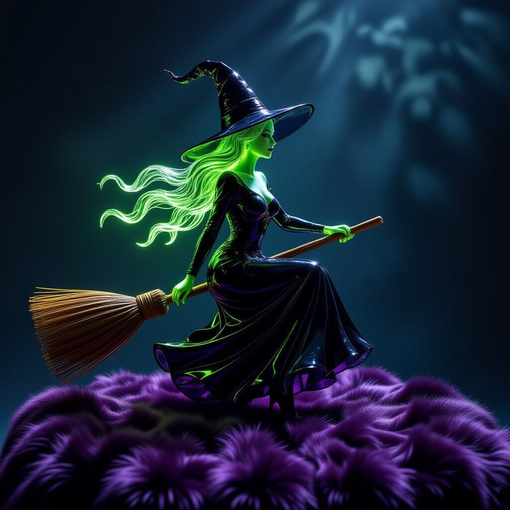 Glass Witch Riding Broomstick Over Sparkly Fur Throw
