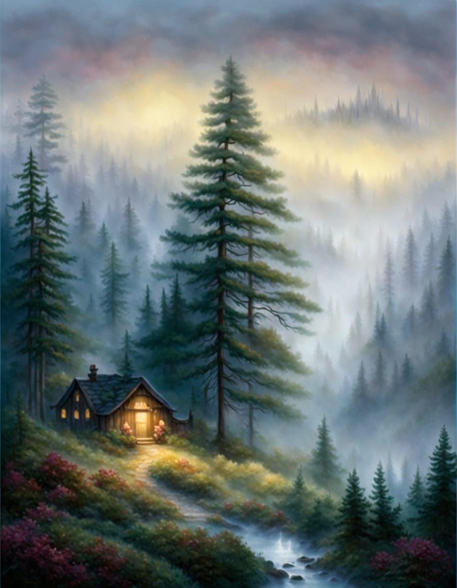 Ethereal Pine Forest Shrouded in Morning Mist