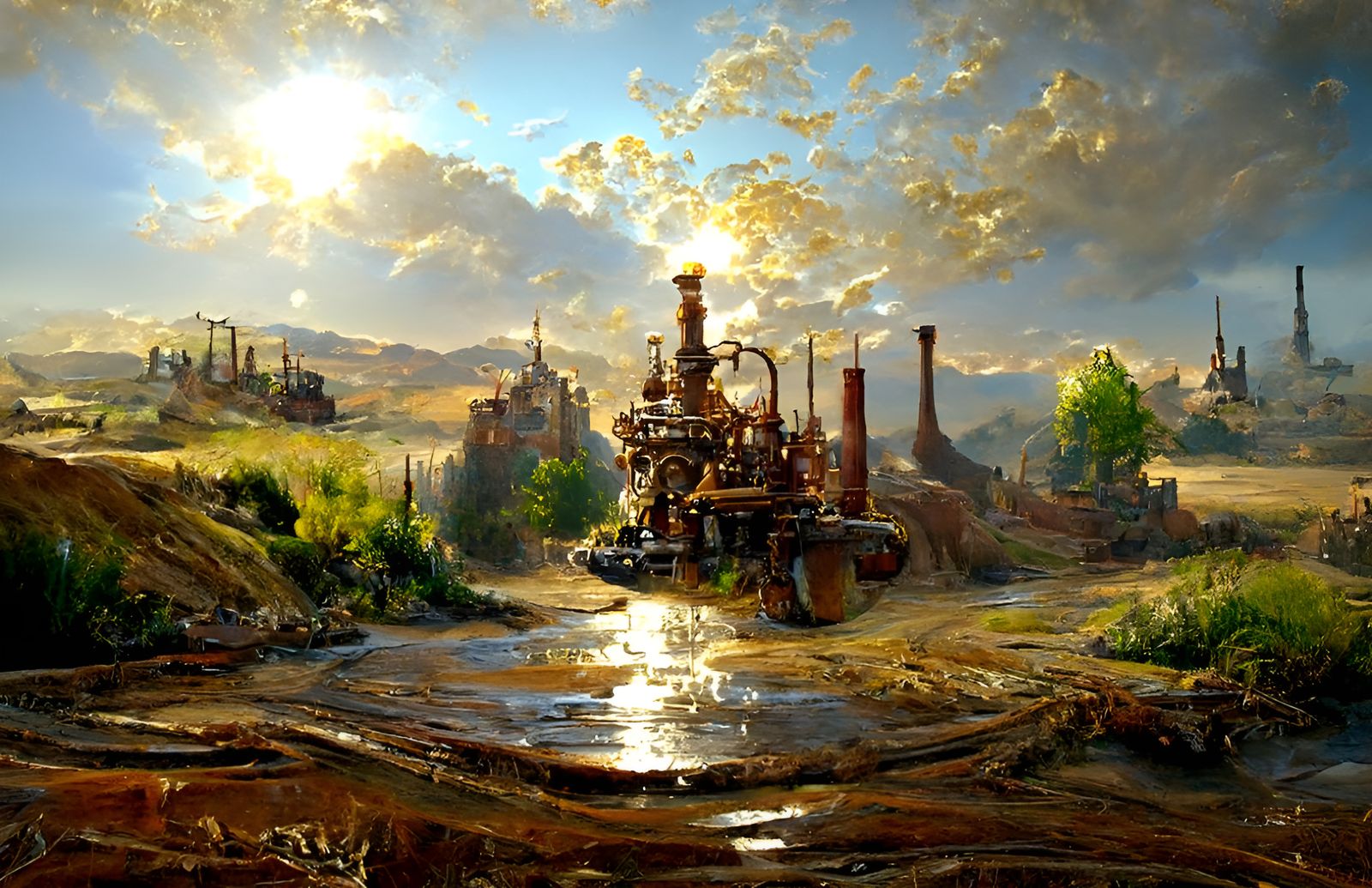 Hyperrealistic Steampunk Landscape in Oil Painting Style