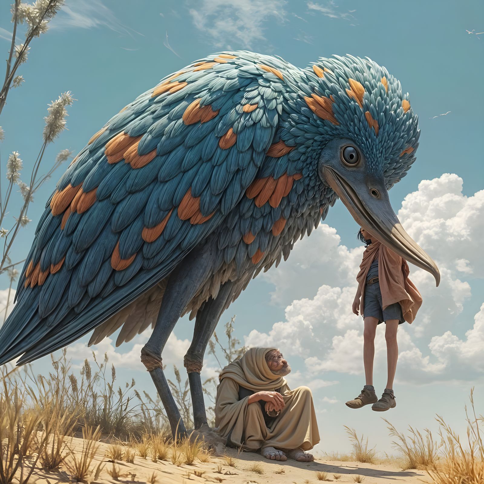 Ancient Prophet Shaded by a Majestic Desert Bird