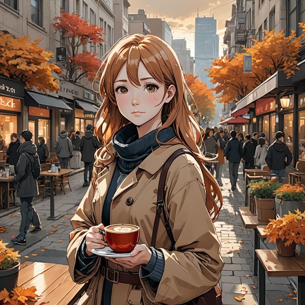 Autumn Anime Girl in Cel-Shaded Manga Style