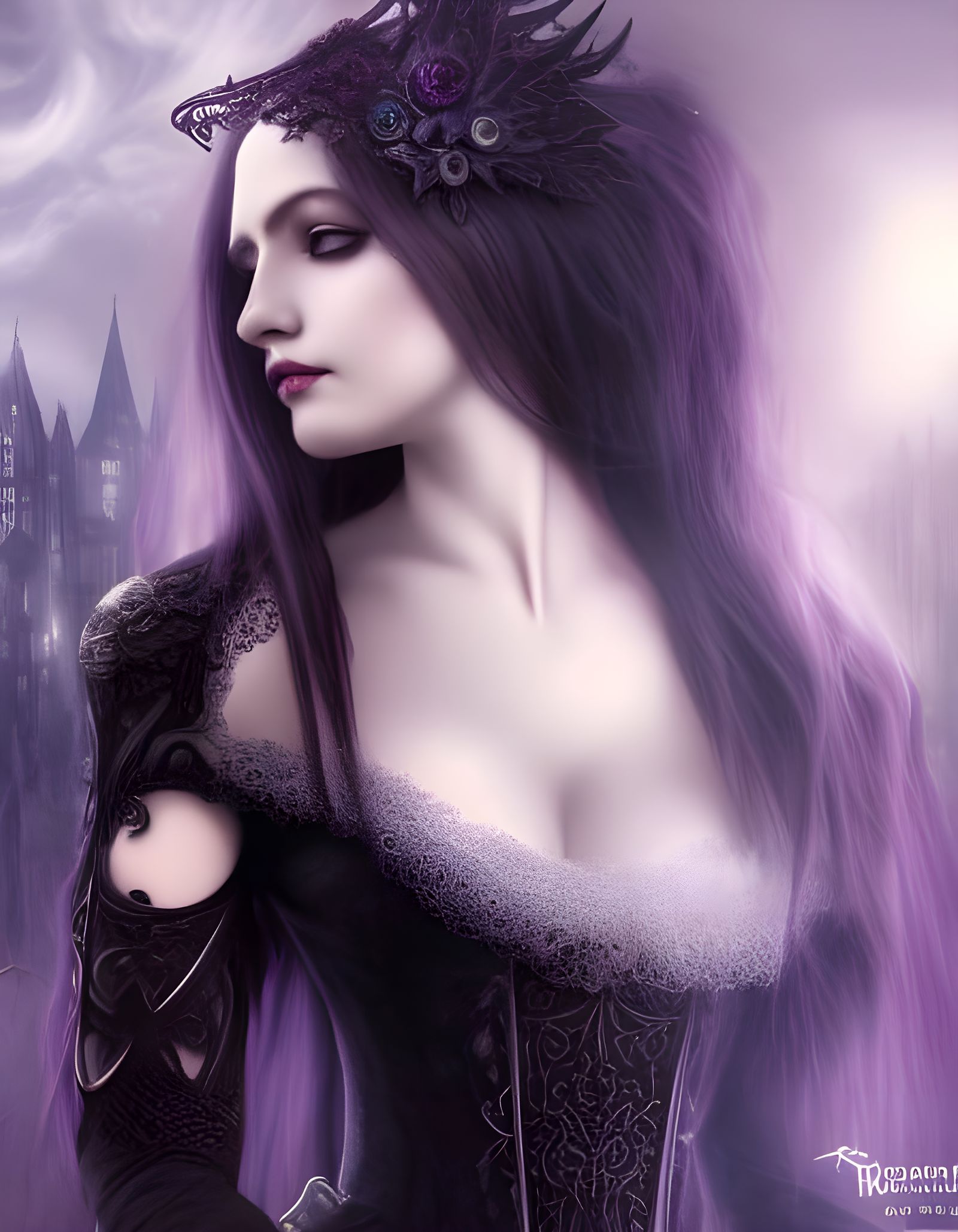 Pale Gothic Girl in Black Lace Dress