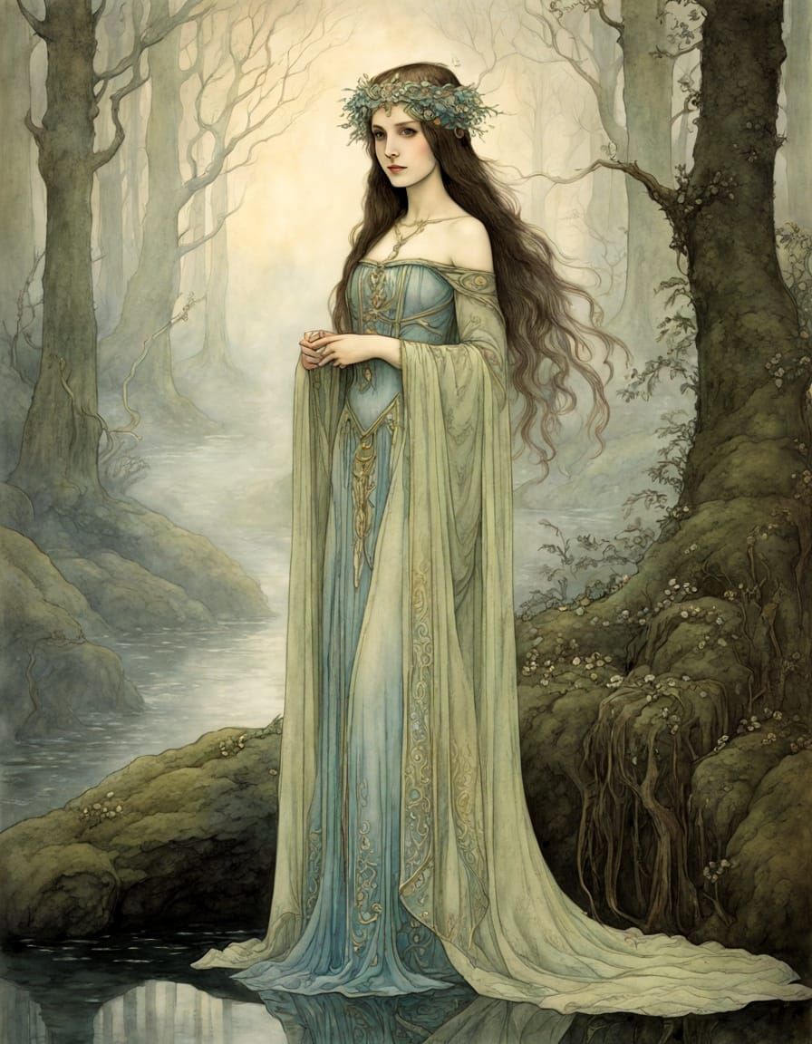 Enchanted Elven Sorceress in Misty Glade, Art Nouveau Style